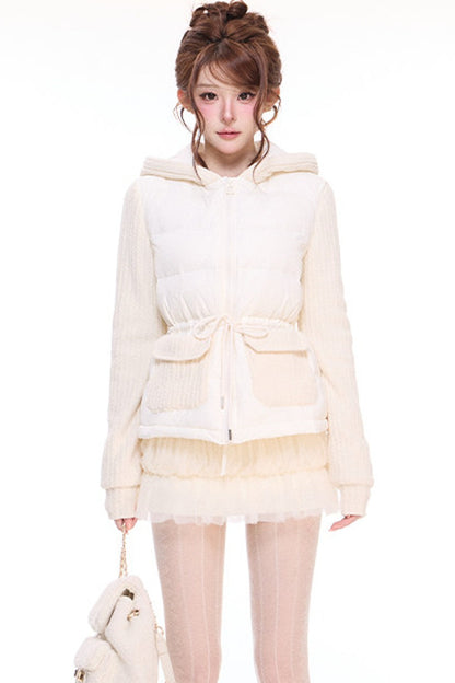 Hooded Drawstring Down Jacket and Mesh Woolen Skirt Set-Up