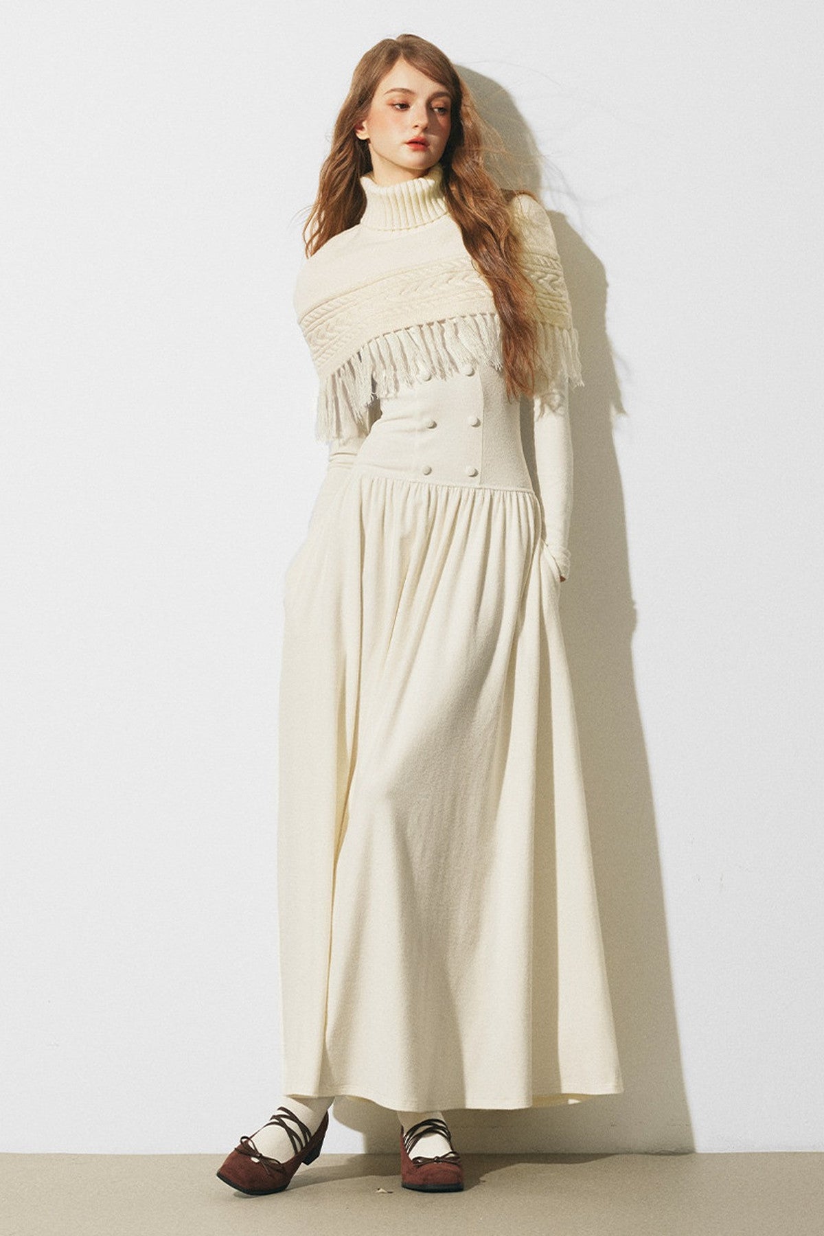 Knitted Sweater Cape and Double-Breasted Dress Set-Up