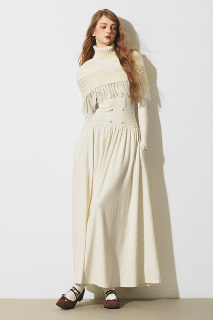Knitted Sweater Cape and Double-Breasted Dress Set-Up