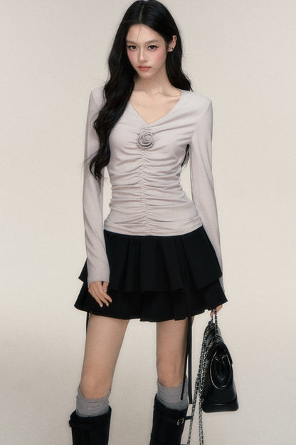 Rose Brooch Ruched Layered T-shirt