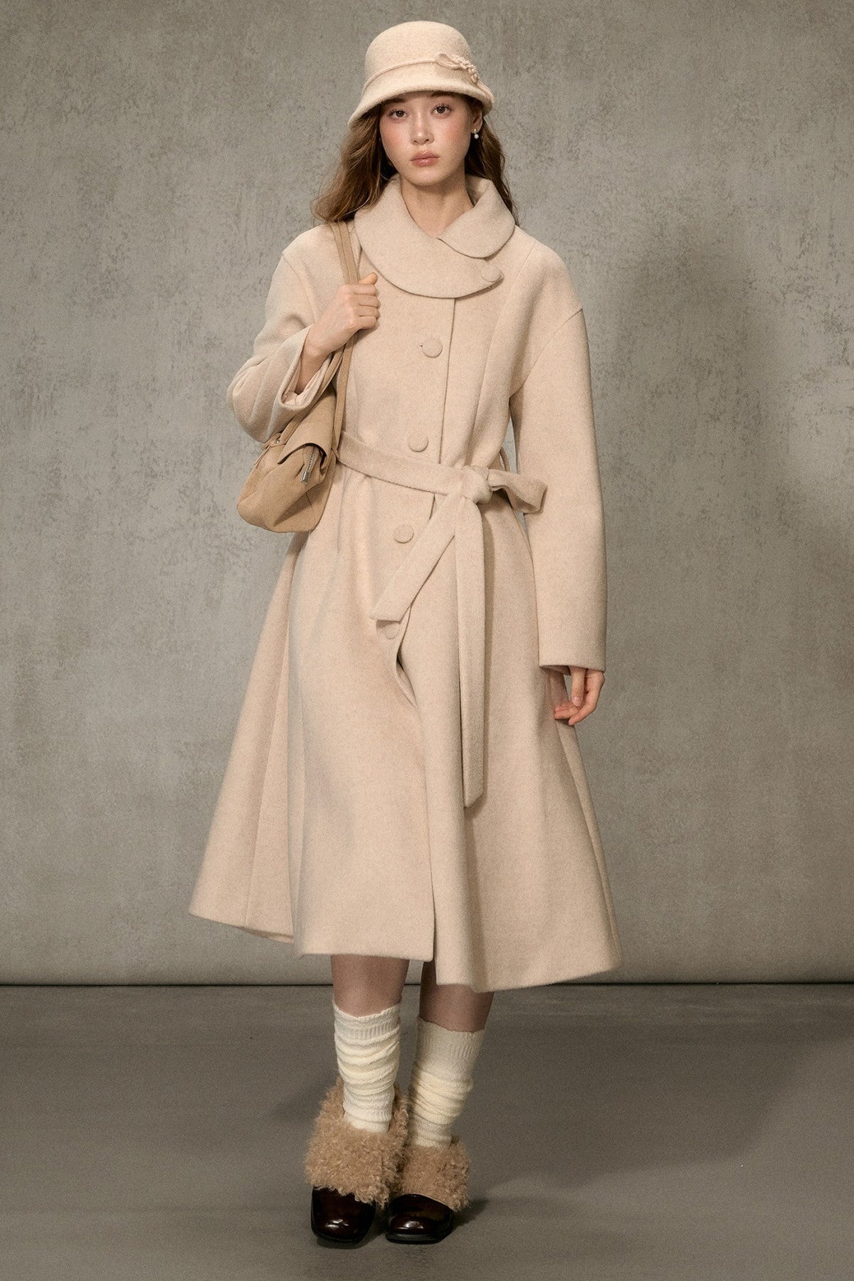 Floral Embroidered Long Woolen Cape Coat Set-Up
