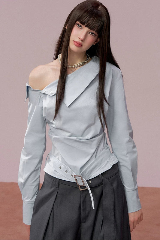 Off-Shoulder Ruched Belt Shirt