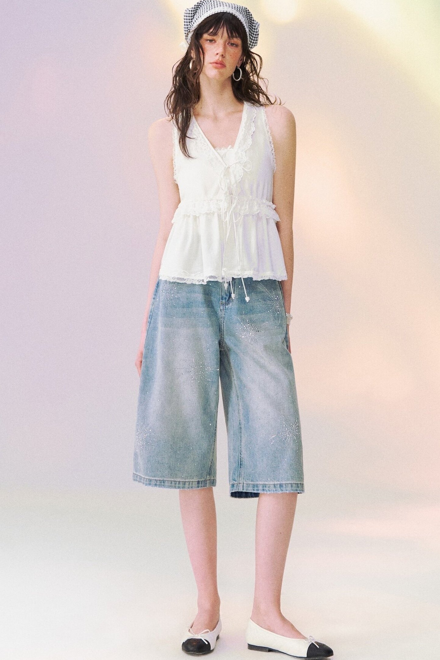 Lace Patchwork V-Neck Lace-Up Top