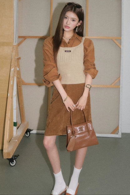 Brown Corduroy Jacket and Knit Vest Two-Piece Set-Up