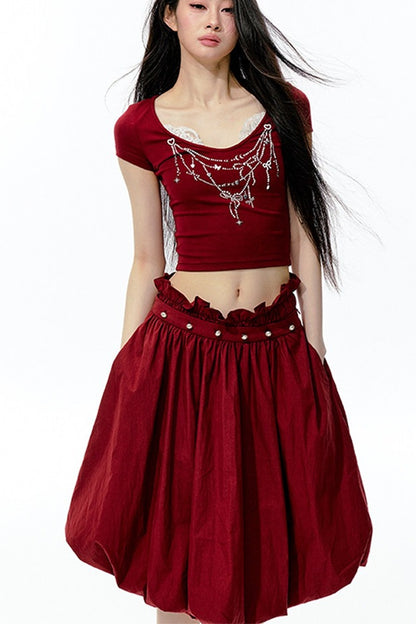 Pearl Rhinestone T-Shirt, Flower Bud Skirt and Pants Set-Up
