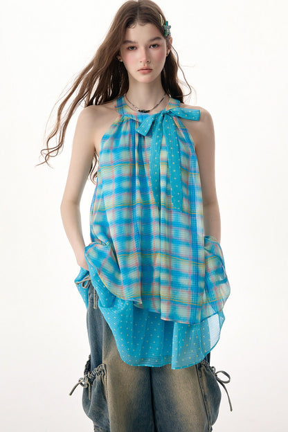 Bow Halter Plaid Dress