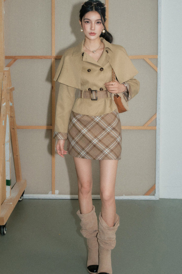 Twill Plaid Skirt and Windbreaker Set-Up