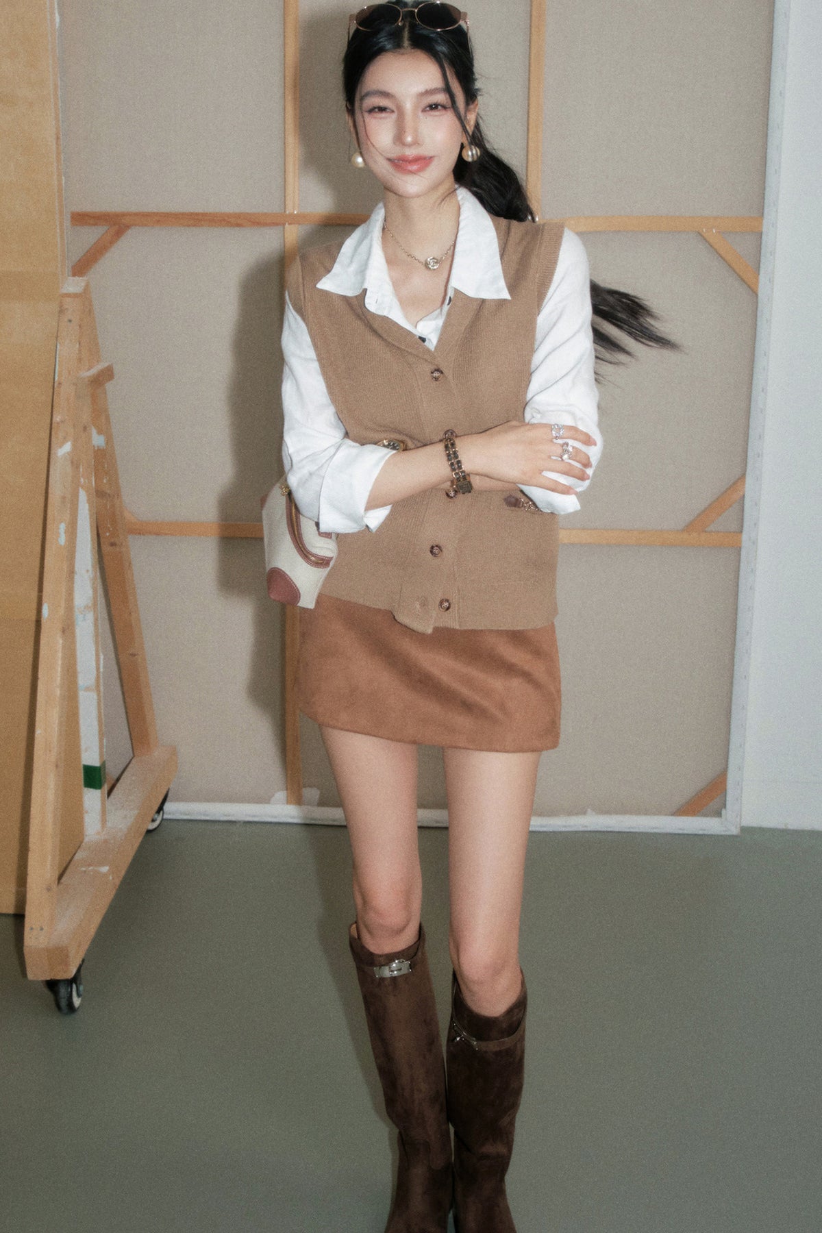 Camel Knitted Vest With Shirt Set-Up