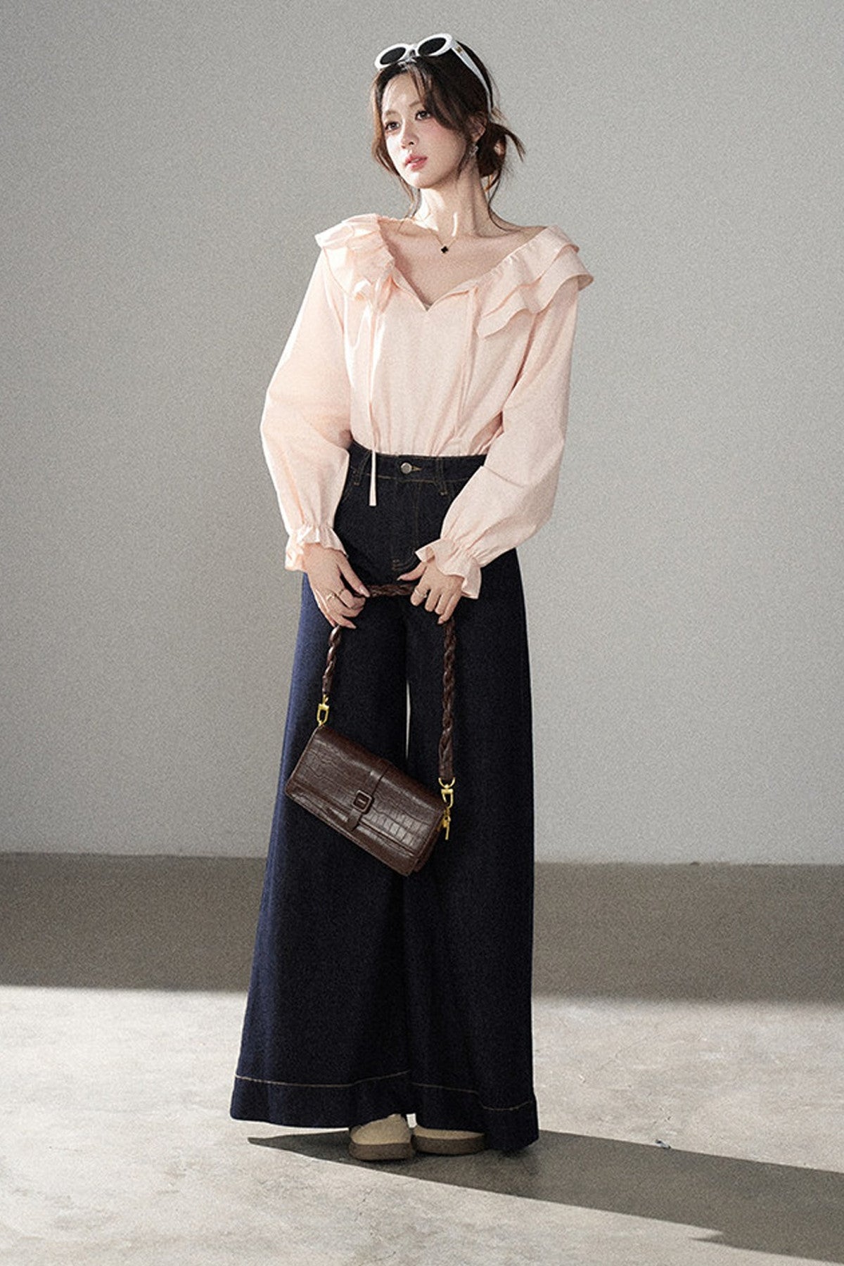 Pink Ruffle Collar Long-Sleeved Top and Skirt Set-Up