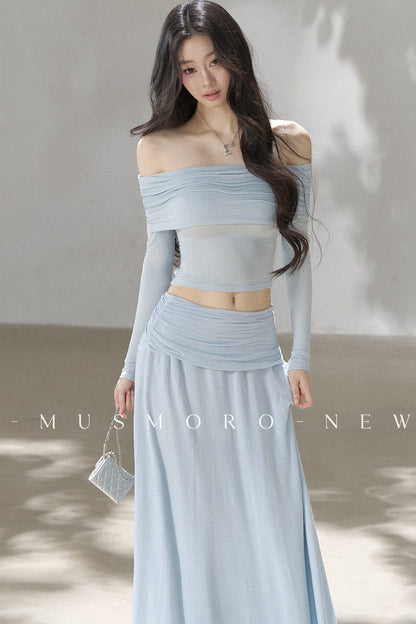 Pleated One-Shoulder Knit and Skirt Set-Up