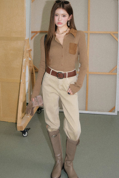 Vintage Coffee Lapel Knit Cardigan and Pants Set-Up