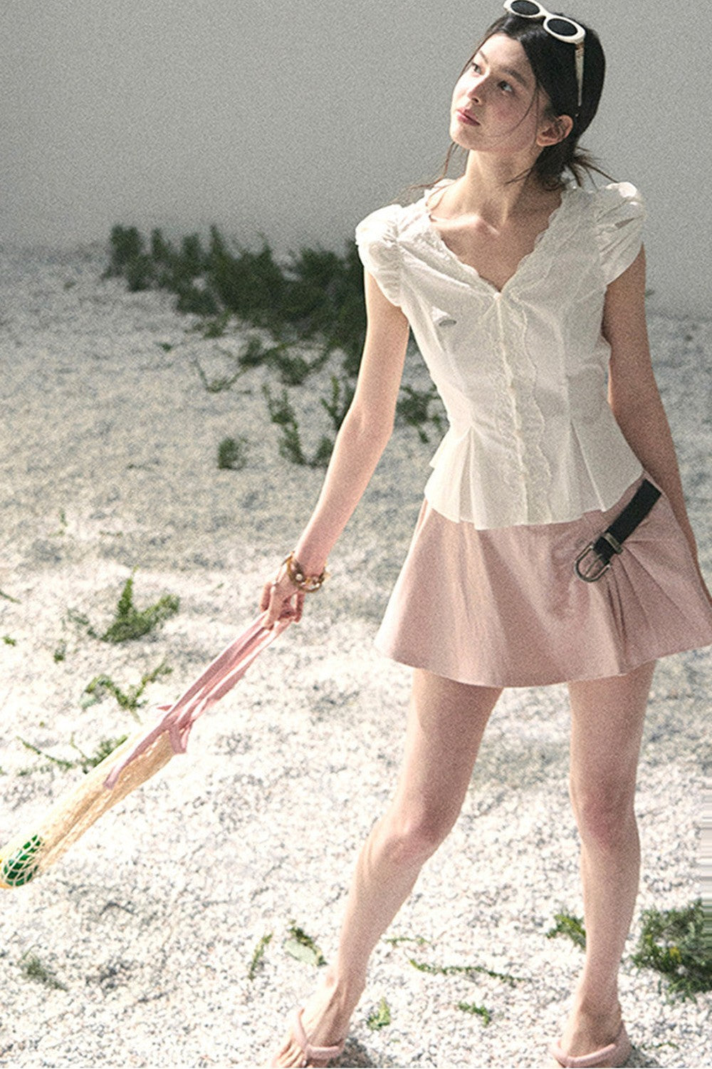 French V-Neck Lace Puff Sleeve Blouse