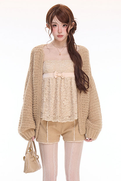 Chunky Knit Cardigan With Lace Top and Pants Set-Up