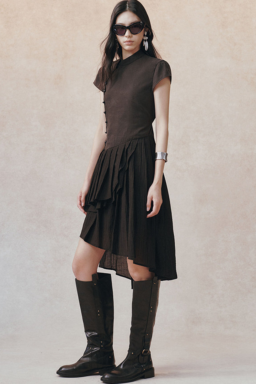 Diagonal Placket Pearl Button Irregular Hem Dress