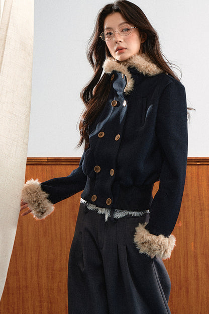Double-Breasted Fur Trim Jacket