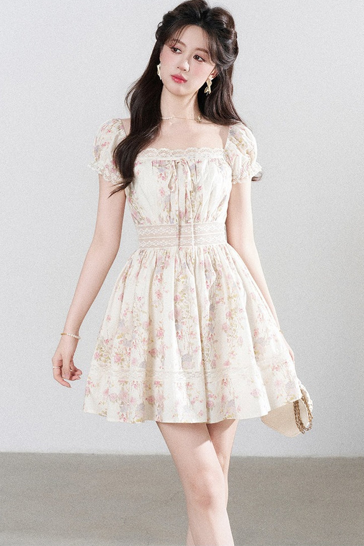 A-Line Puff Sleeve Square Neck Floral Dress