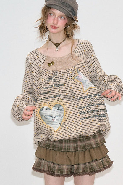 Striped Cat Print Round Neck Sweatshirt