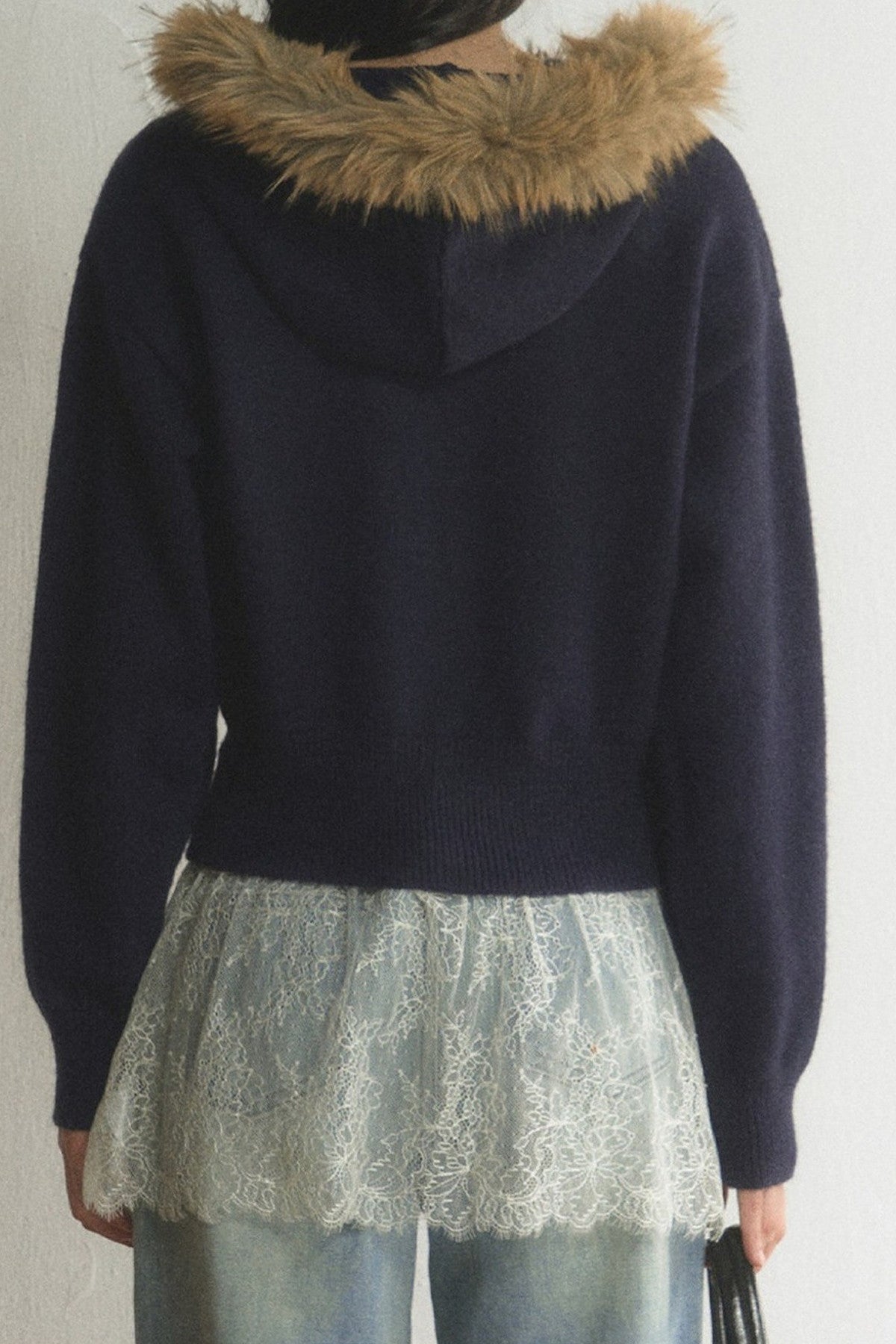 Fur Collar Hooded Cable Knit Cardigan Set-Up