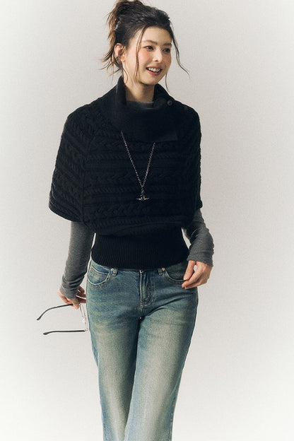 Cable Knit Lapel Cape Sweater