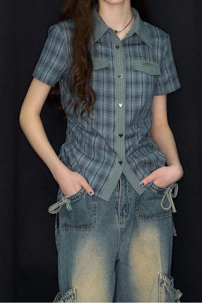 Camicia a maniche corte con motivo scozzese blu e verde