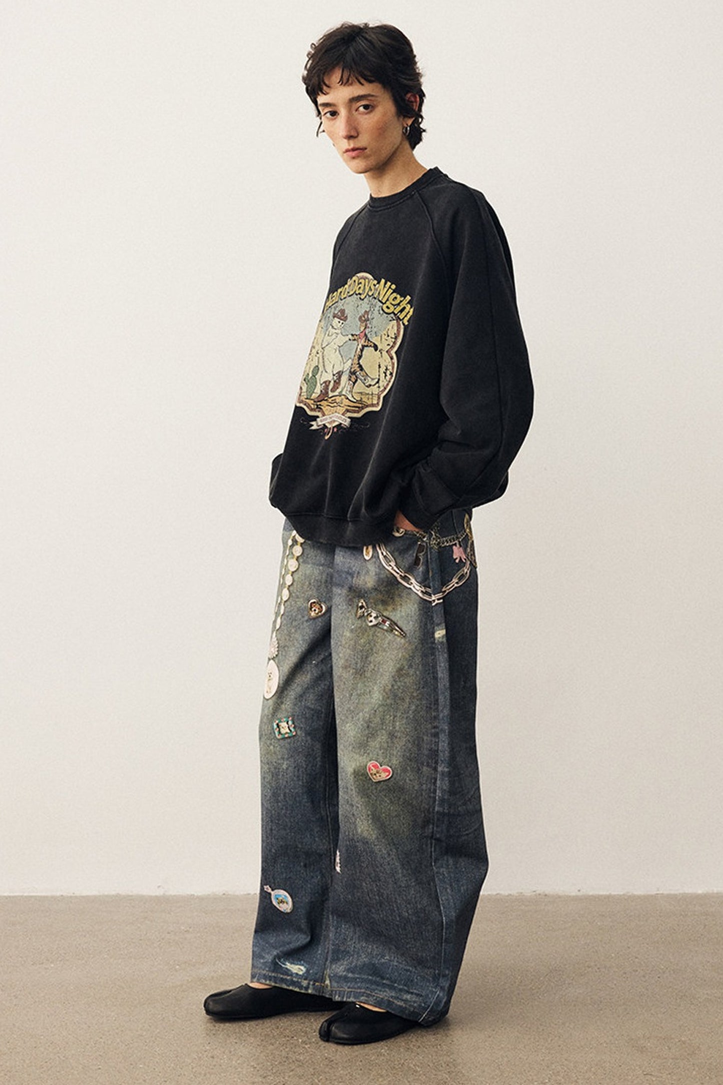Washed Cat Print Sweatshirt and Pants Set
