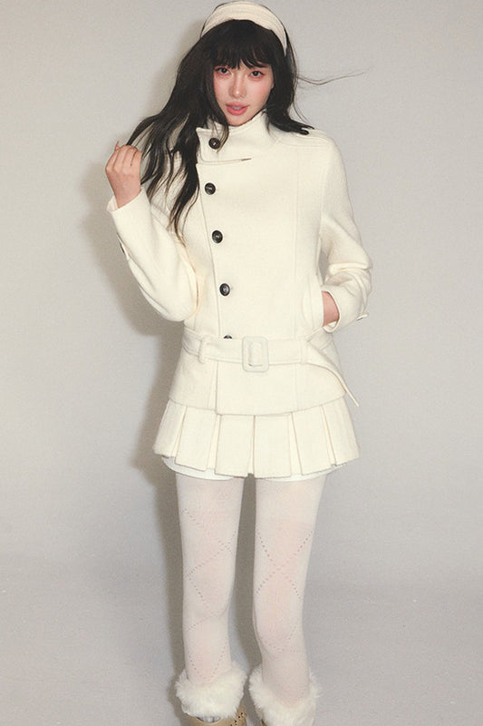 Detachable Belt Woolen Coat and Pleated Skirt Set-Up