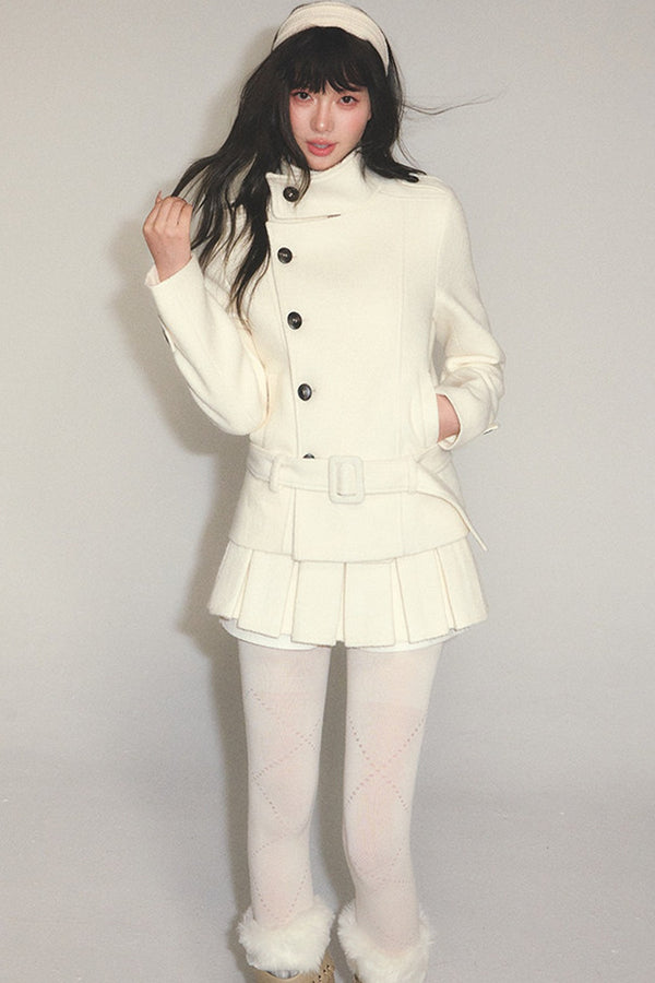 Detachable Belt Woolen Coat and Pleated Skirt Set-Up