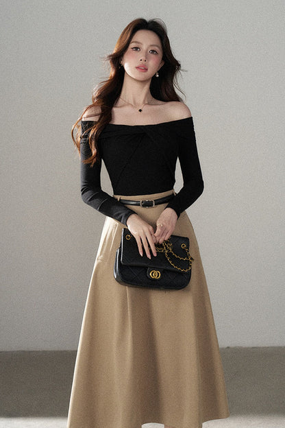 Knot Off-Shoulder Knit Pullover Top and Khaki Skirt Set-Up