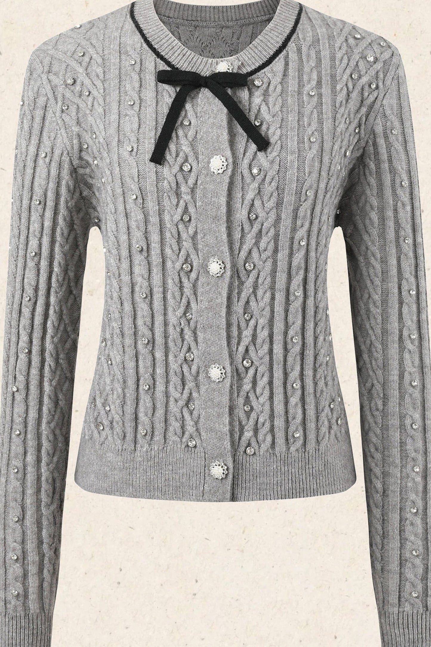Rhinestone Bow Knit Cardigan Top and Velvet Skirt Set-Up