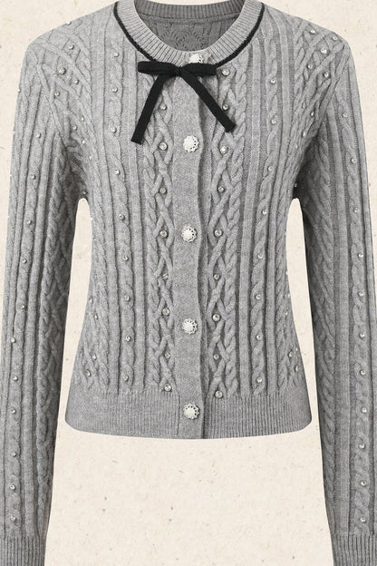 Rhinestone Bow Knit Cardigan Top and Velvet Skirt Set-Up