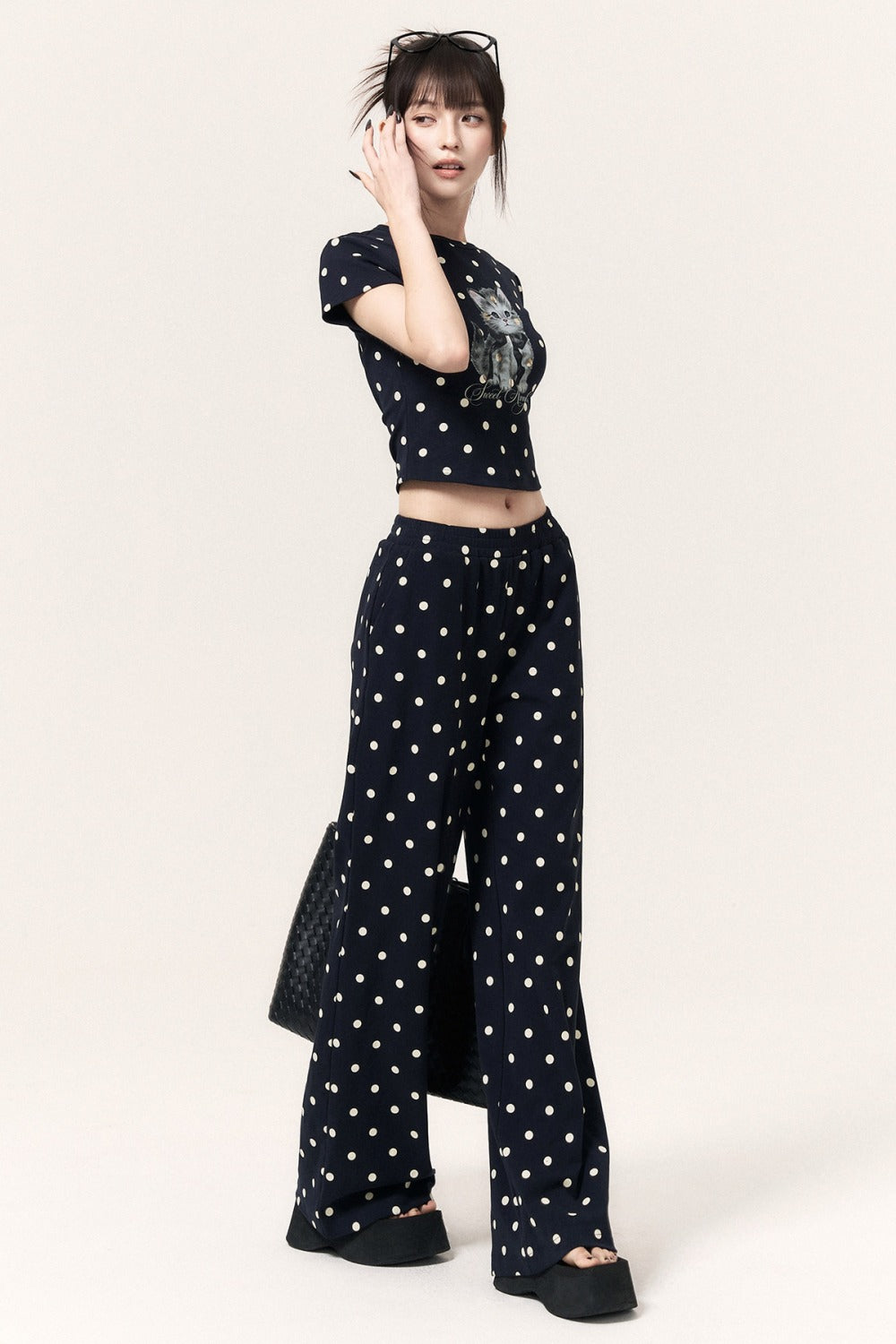 Polka Dot Cat Print Top Bodycon Skirt Pants Set-Up