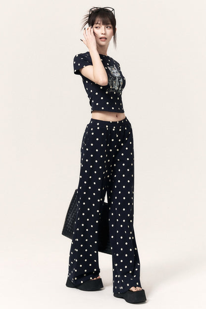 Polka Dot Cat Print Top Bodycon Skirt Pants Set-Up