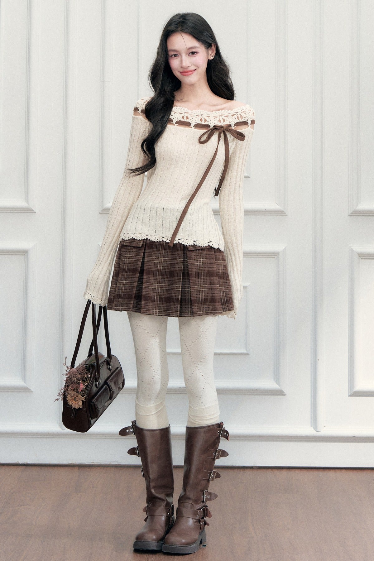 Ribbon Trim Crochet Off-Shoulder Knit Top And Short Skirt Set-Up