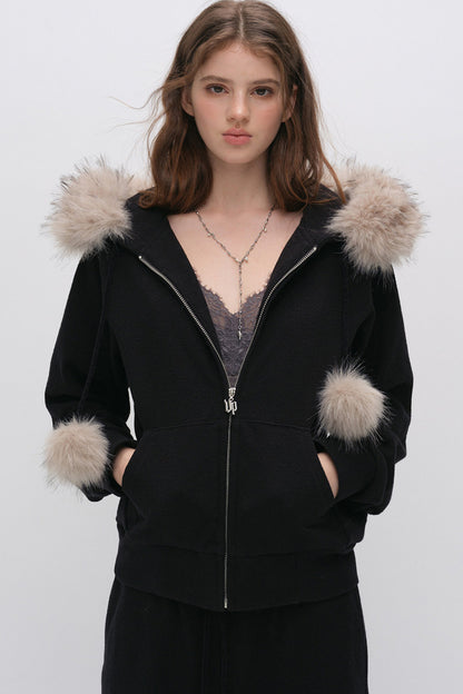 Fur Trim Hooded Sweatshirt and Sweatpants Set-Up
