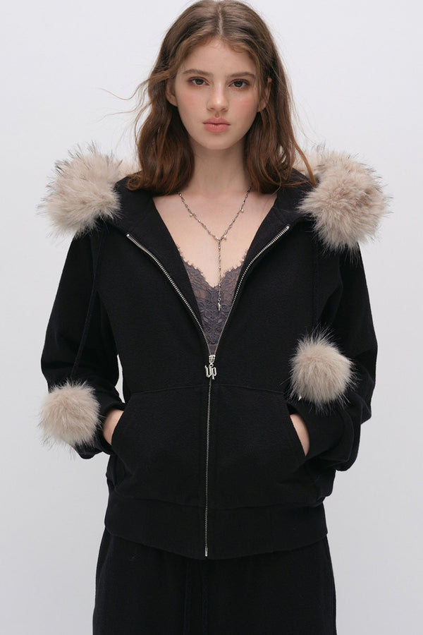Fur Trim Hooded Sweatshirt and Sweatpants Set-Up