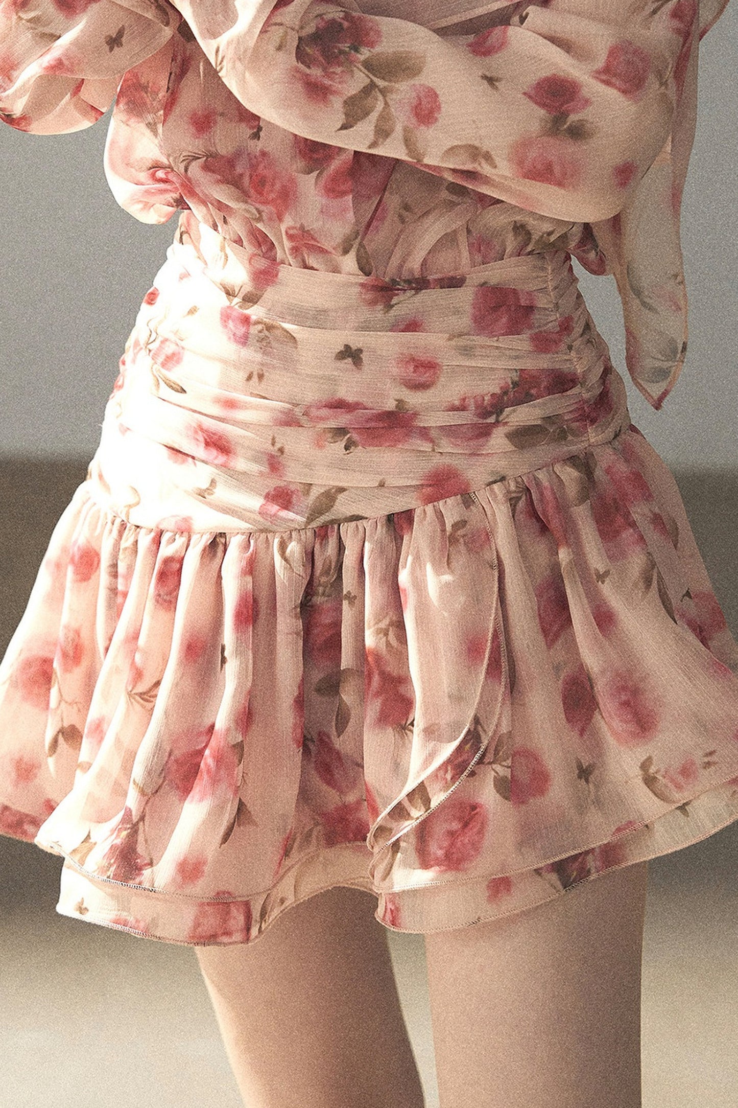 Puff Floral Chiffon Dress and Leggings Set