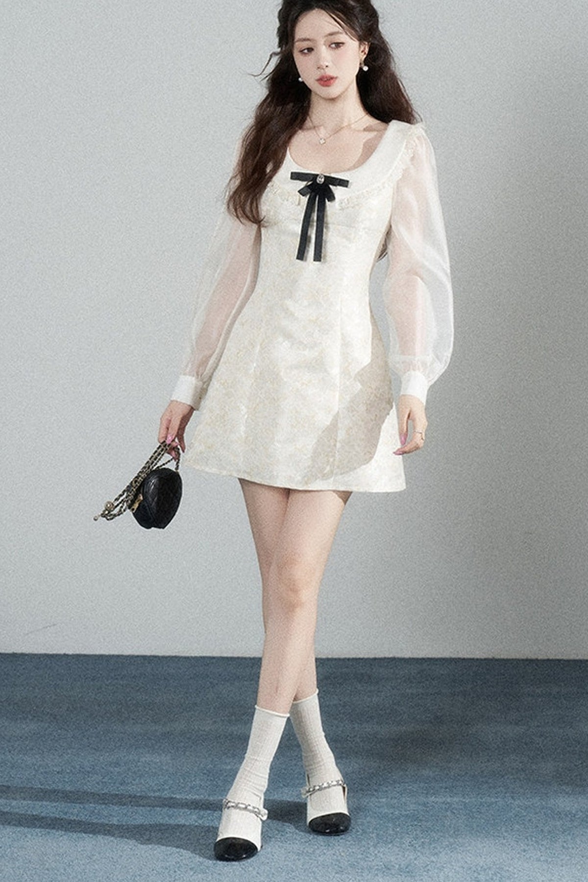 Waist-Cinching A-Line Jacquard Long-Sleeve Dress