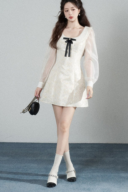 Waist-Cinching A-Line Jacquard Long-Sleeve Dress