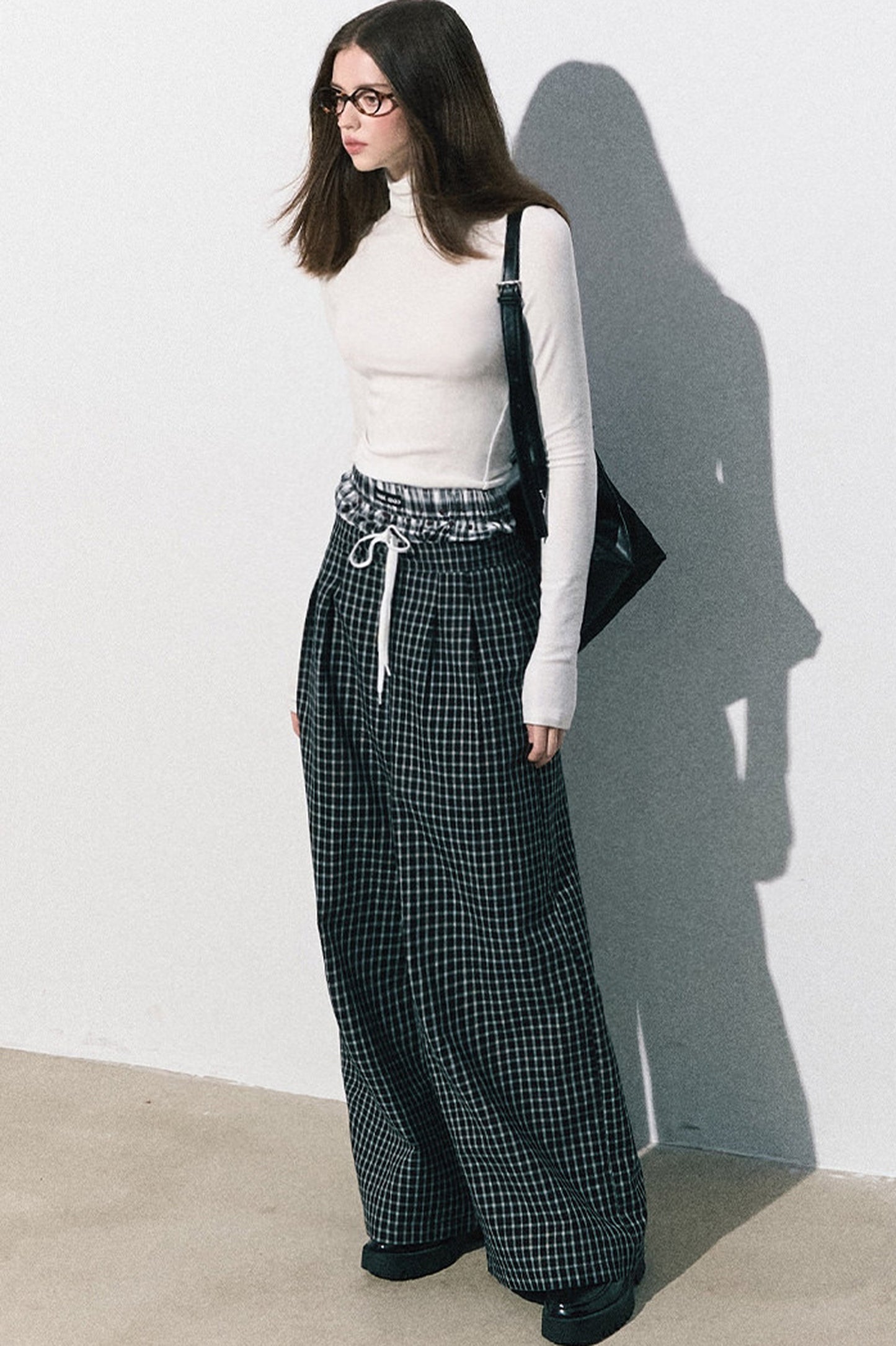 Drawstring Plaid Wide-Leg Pants