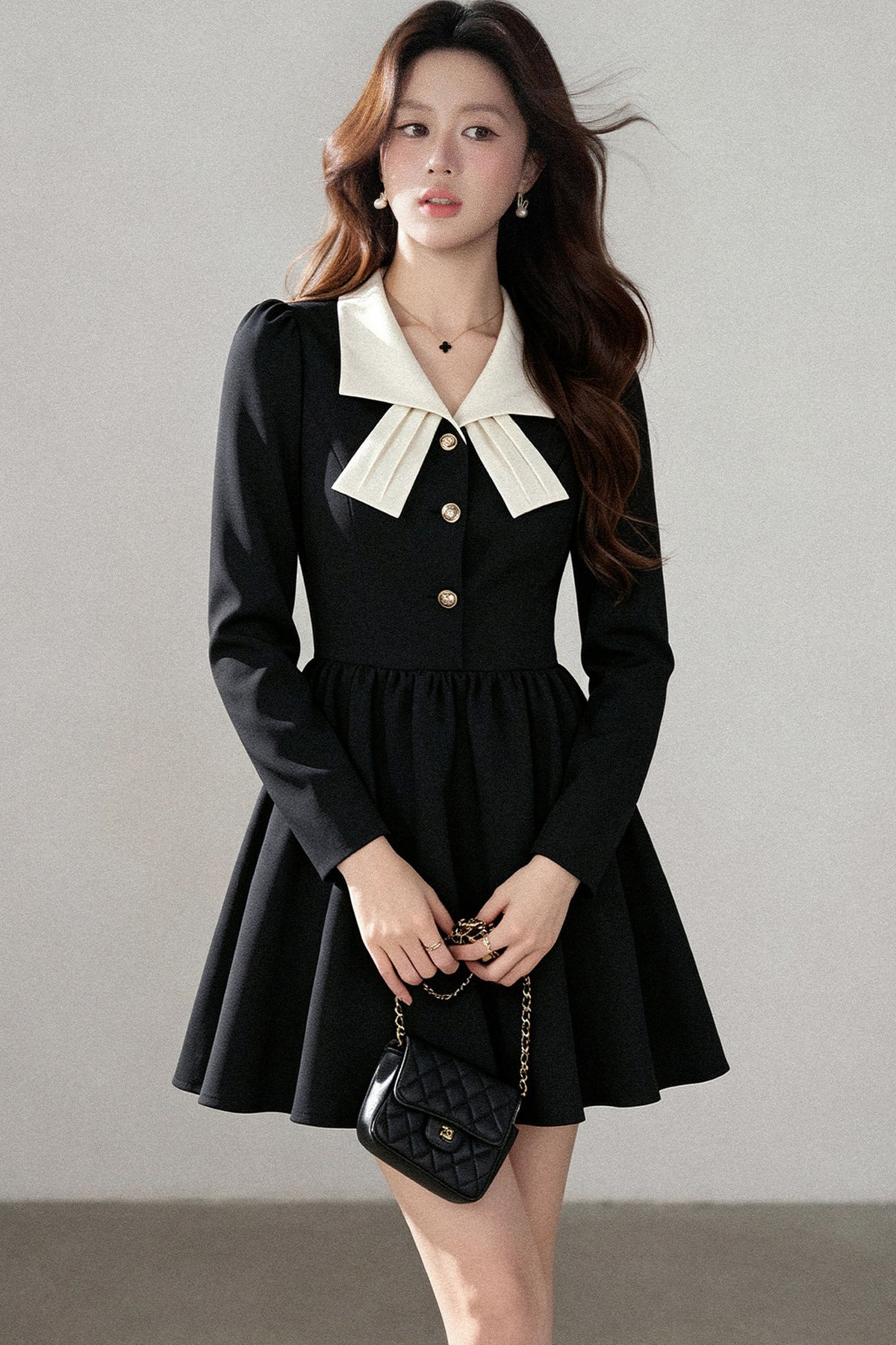 Hepburn Style Black Lapel Dress