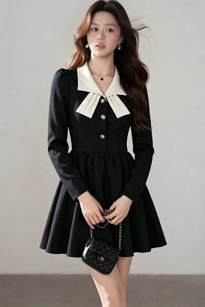 Hepburn Style Black Lapel Dress