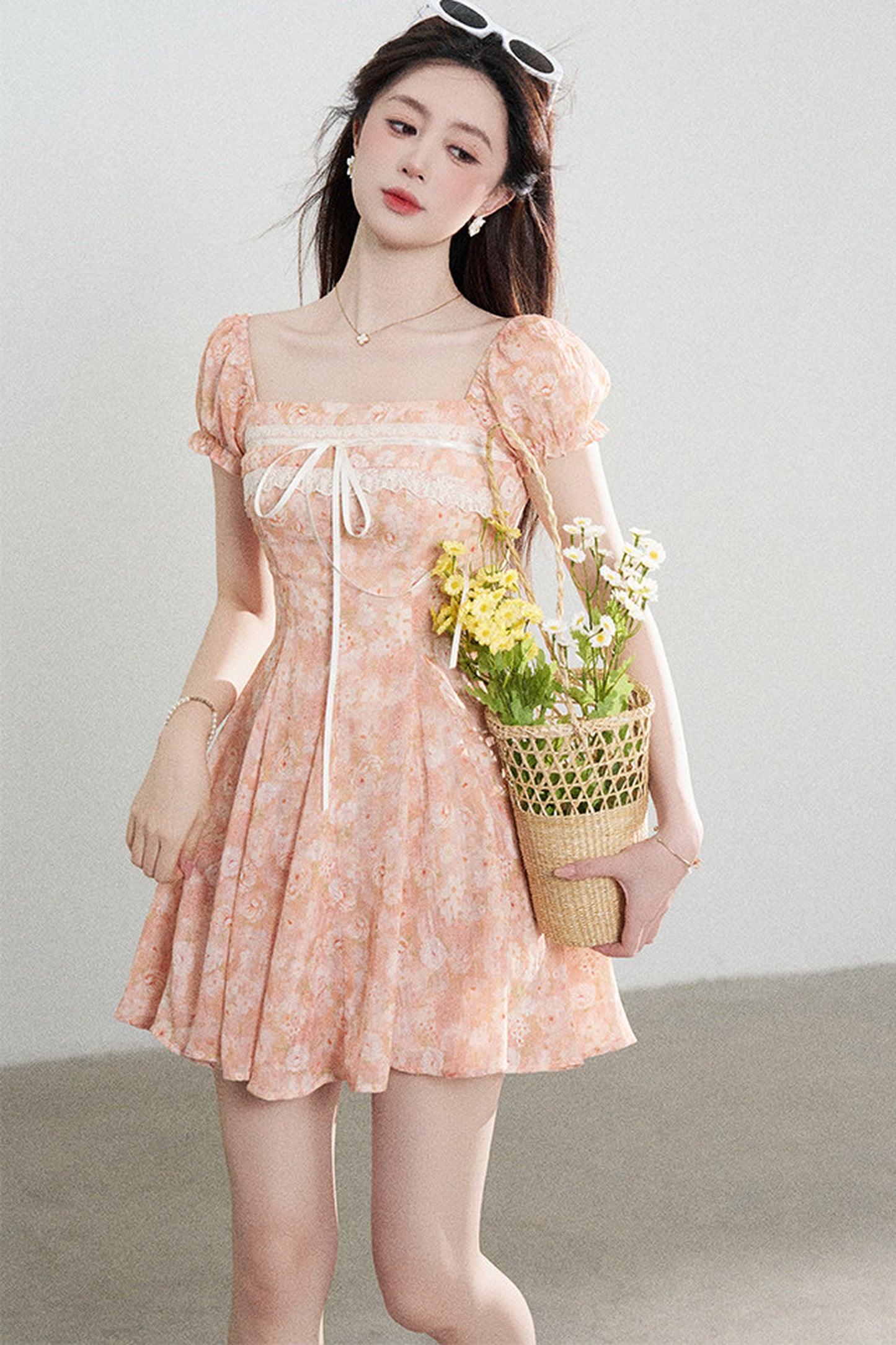 Square-Neck Floral Puff-Sleeve Chiffon Dress