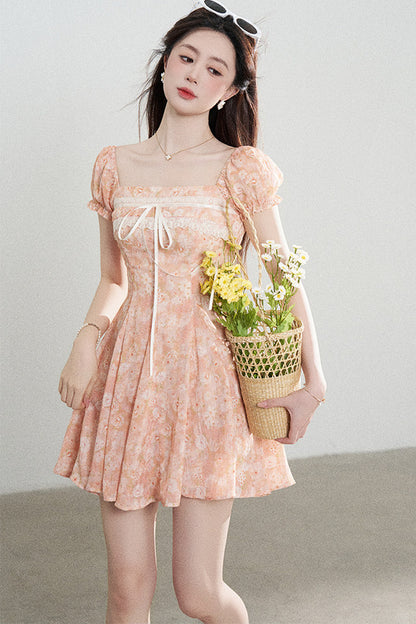 Square-Neck Floral Puff-Sleeve Chiffon Dress
