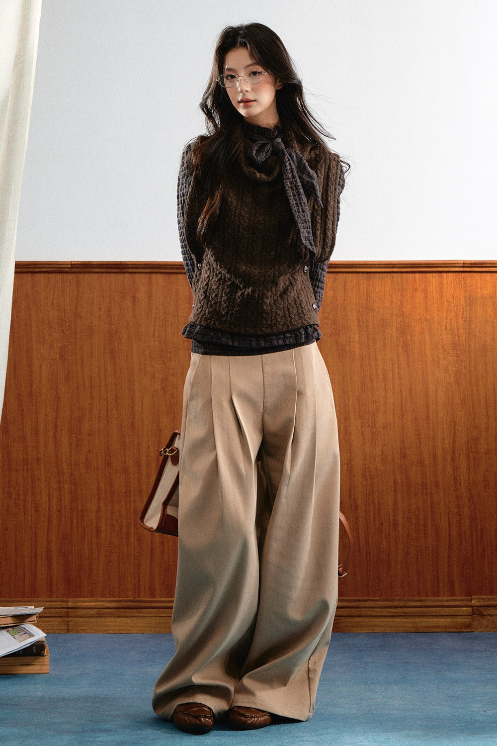 Retro Plaid Ribbon Top and Suede Skirt Set-Up