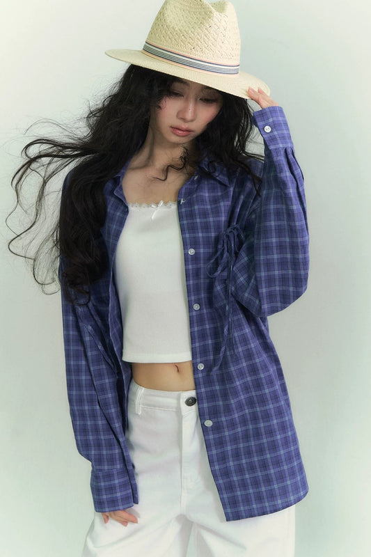 Drawstring Pocket Plaid Shirt