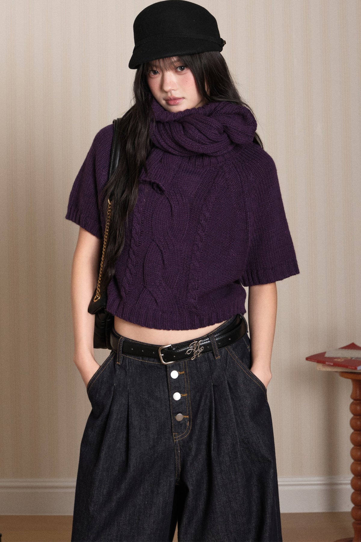 Short Sleeve Scarf Layered Knit Sweater