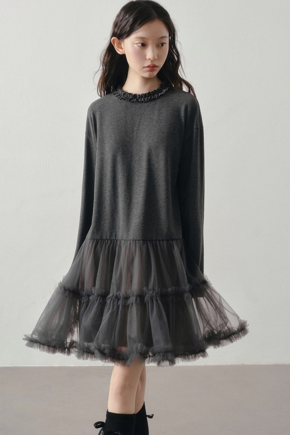 Gray Mesh Patchwork Long Sleeve Dress