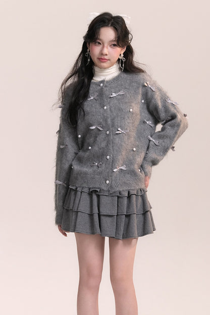 Ballet Bow Knit Cardigan With Skirt Set