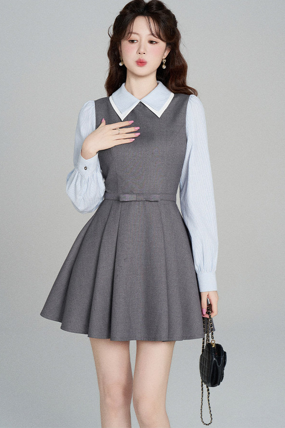 Gray Long-Sleeved A-Line Full Skirt Dress