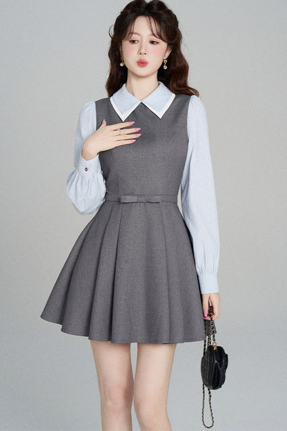 Gray Long-Sleeved A-Line Full Skirt Dress